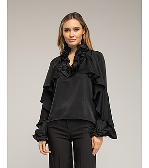 Черна сатенена блуза с къдрки снимка