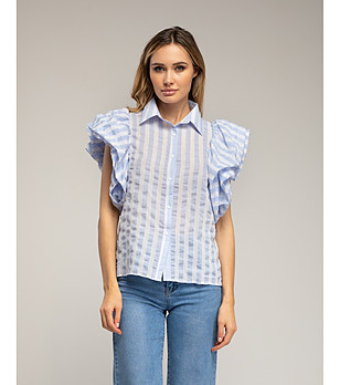 Синя риза на райе с буфан ръкави снимка