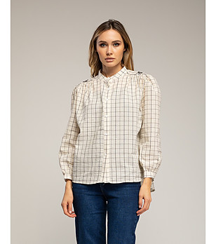 Бежова карирана риза с мандерин яка и бродерия снимка