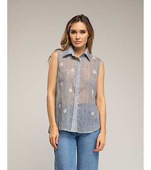 Сива полупрозрачна риза без ръкави с бродирани цветя с памук снимка