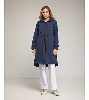 Дълго тъмносиньо палто с качулка и цип  снимка