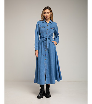 Синя дънкова рокля-риза с колан LightDenim снимка