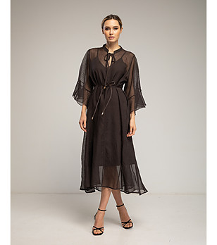 Кафява рокля от полупрозрачна материя с волан ръкави снимка