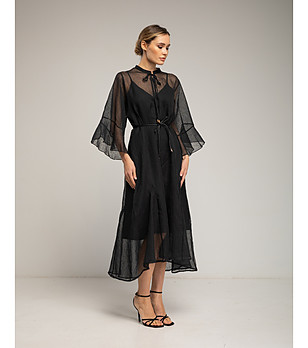 Черна полупрозрачна рокля с волани и плисиран подгъв снимка