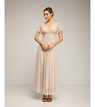 Дълга бежова тюлена рокля с къс ръкав и колан снимка