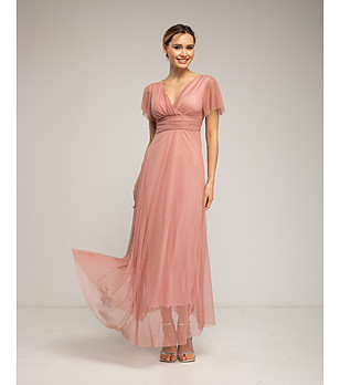 Дълга розова тюлена рокля с къс ръкав и колан снимка