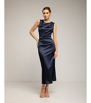 Тъмносиня вталена рокля с драпиран детайл снимка