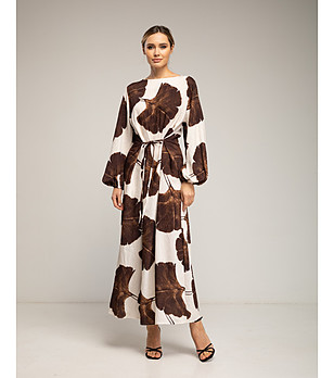 Дълга рокля с щампа гинко в кафяво снимка