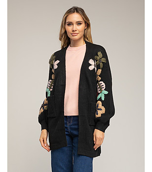 Черен дълъг кардиган с флорална бродерия  снимка