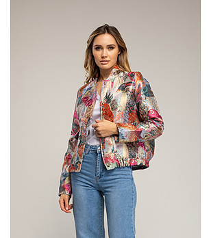 Многоцветно жакардово яке с принт и набрана талия  снимка