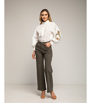 Дамски дънки с широк крачол с висока талия в каки цвят снимка