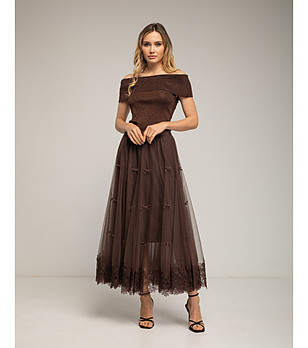 Кафява миди тюлена пола с дантела и панделки снимка