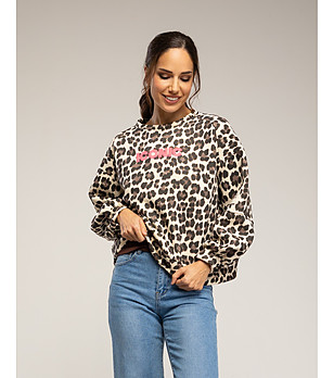 Бежов суитшърт с animal принт и неонов надпис ICONIC снимка