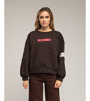 Кафяв суитшърт с животински принт и флуоресцентен надпис снимка