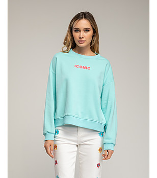 Тюркоазен суитшърт с флуоресцентен надпис отпред и отзад снимка