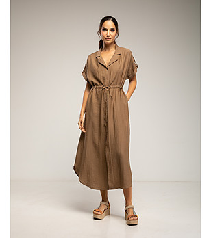 Кафява риза рокля миди с къс ръкав и джобове снимка