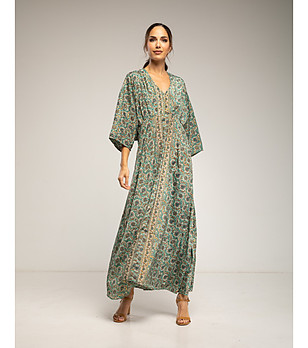 Зелена макси рокля с принт и ластична талия снимка