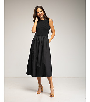 Черна рокля миди без ръкави с разкроена пола и джобове снимка