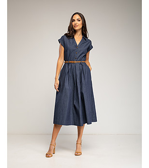 Дамска тъмносиня рокля миди с копчета и джобове DarkDenim снимка