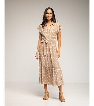 Бежова рокля миди на точки с копчета и колан снимка