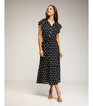 Черна рокля на точки с колан  снимка