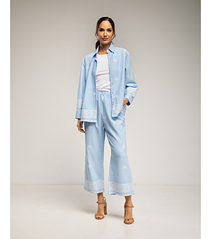 Сет от бродирана риза и панталон със ластичен колан и джобове син снимка