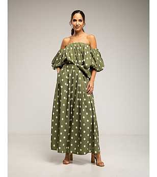 Дамски комплект на точки с раиран топ и широк панталон снимка