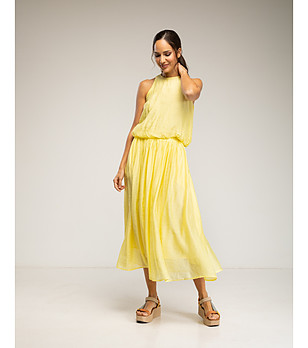 Жълта миди пола с ластичен колан и многопластов ефект снимка