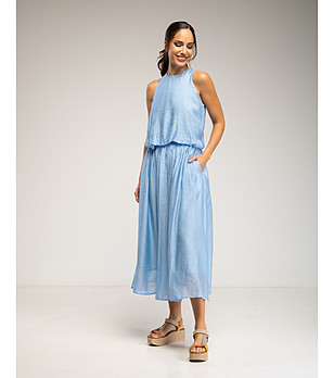 Синя миди пола с ластичен колан и многослоен ефект снимка