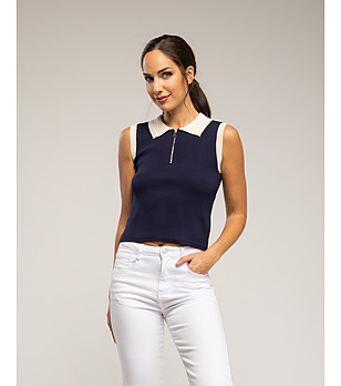 Тъмносин плетен топ без ръкави с цип и двуцветна яка снимка