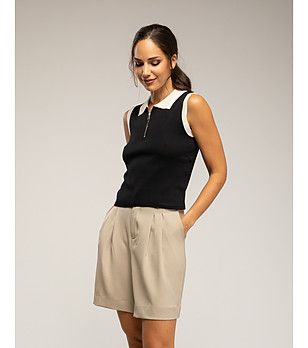 Черeн плетен топ без ръкави с цип и контрастна яка снимка