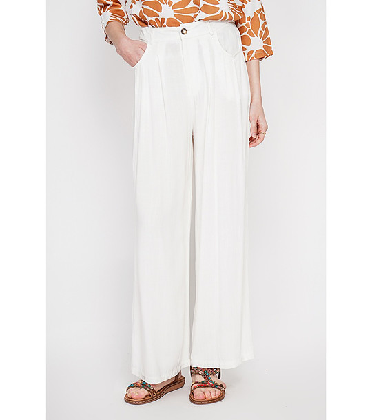 Бели панталон с широк крачол от лен и памук снимка