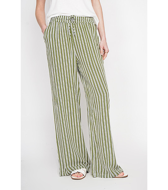 Дамски панталон в цвят каки на райе от лен снимка