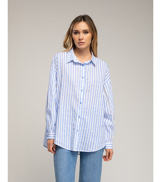 Синя свободна риза на райе с ажурен детайл на ръкавите снимка