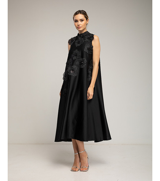 Черна рокля А-линия без ръкави с 3D цветя и камъни снимка