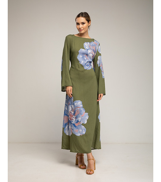 Дълга рокля в каки с флорален принт снимка