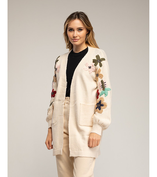 Бежово дълго плетено яке с бродирани цветя и предни джобове снимка