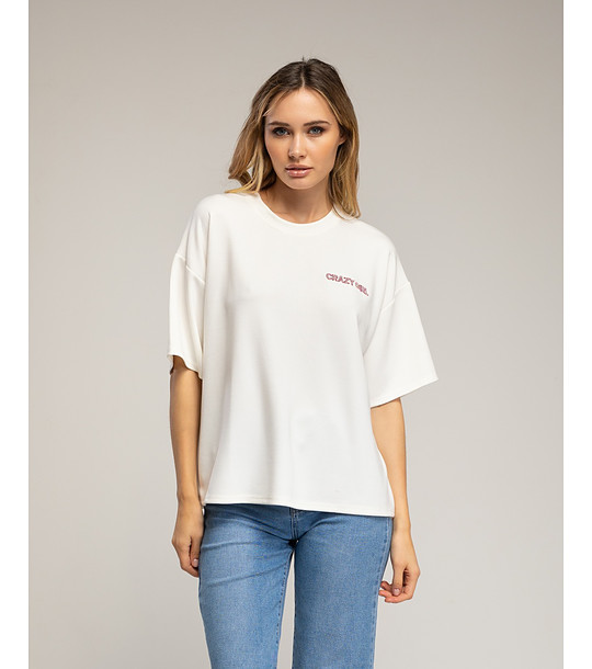 Дамска екрю блуза с къс ръкав и надпис CRAZY GIRL снимка