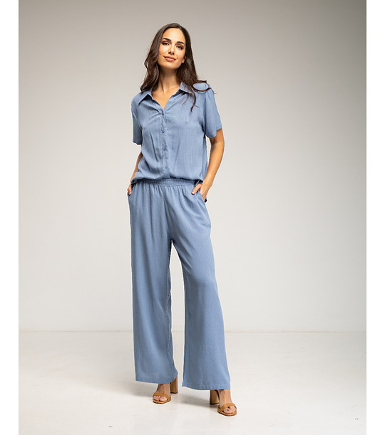 Син комплект риза с къс ръкав и панталон с ластичен колан снимка