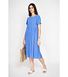 Синя рокля с къс ръкав и асиметрична платка -1 снимка