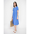 Синя рокля с къс ръкав и асиметрична платка -2 снимка