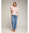 Розова риза на райе с бухнали ръкави-3 снимка