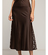 Кафява сатенена миди пола А-линия с дантелени цепки-3 снимка