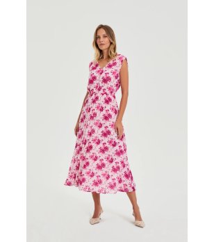 Розова флорална рокля с V-образно деколте снимка