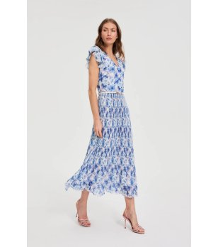 Синя рокля с къс ръкав и колан снимка