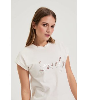 Бяла дамска тениска с къс ръкав и пайети снимка