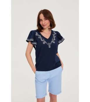 Памучна тъмносиня дамска блуза с бродерия снимка