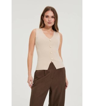 Бежов дамски топ без ръкави с копчета снимка