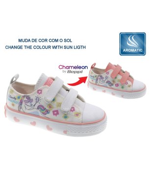 Детски бели кецове с принт еднорог които променят цвета си на слънце снимка