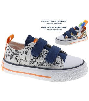 Детски бели кецове в тъмносиньо и оранжево с щампа за оцветяване снимка